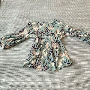 Light Sage Maternity Top with Cream Flower and Blue Leaves